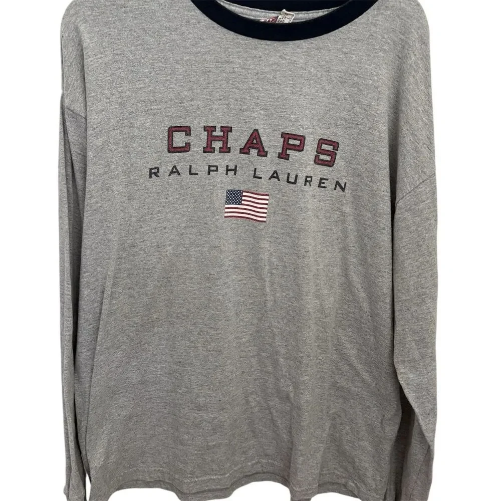 Vintage Chaps Ralph Lauren Men's Gray Crewneck Sweatshirt Embroidered Flag Large